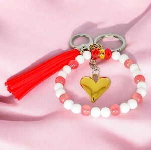 White Jade Red Tassel 14kt Gold Heart Beaded Bag / Key Charm Wristlet Coquette